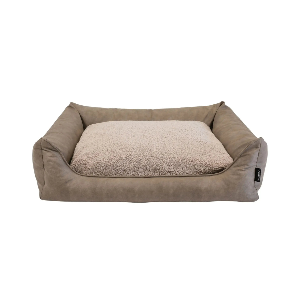 Beige orthopedische hondenmand met zachte sherpa voering en stevig leerlook buitenmateriaal in taupe kleur