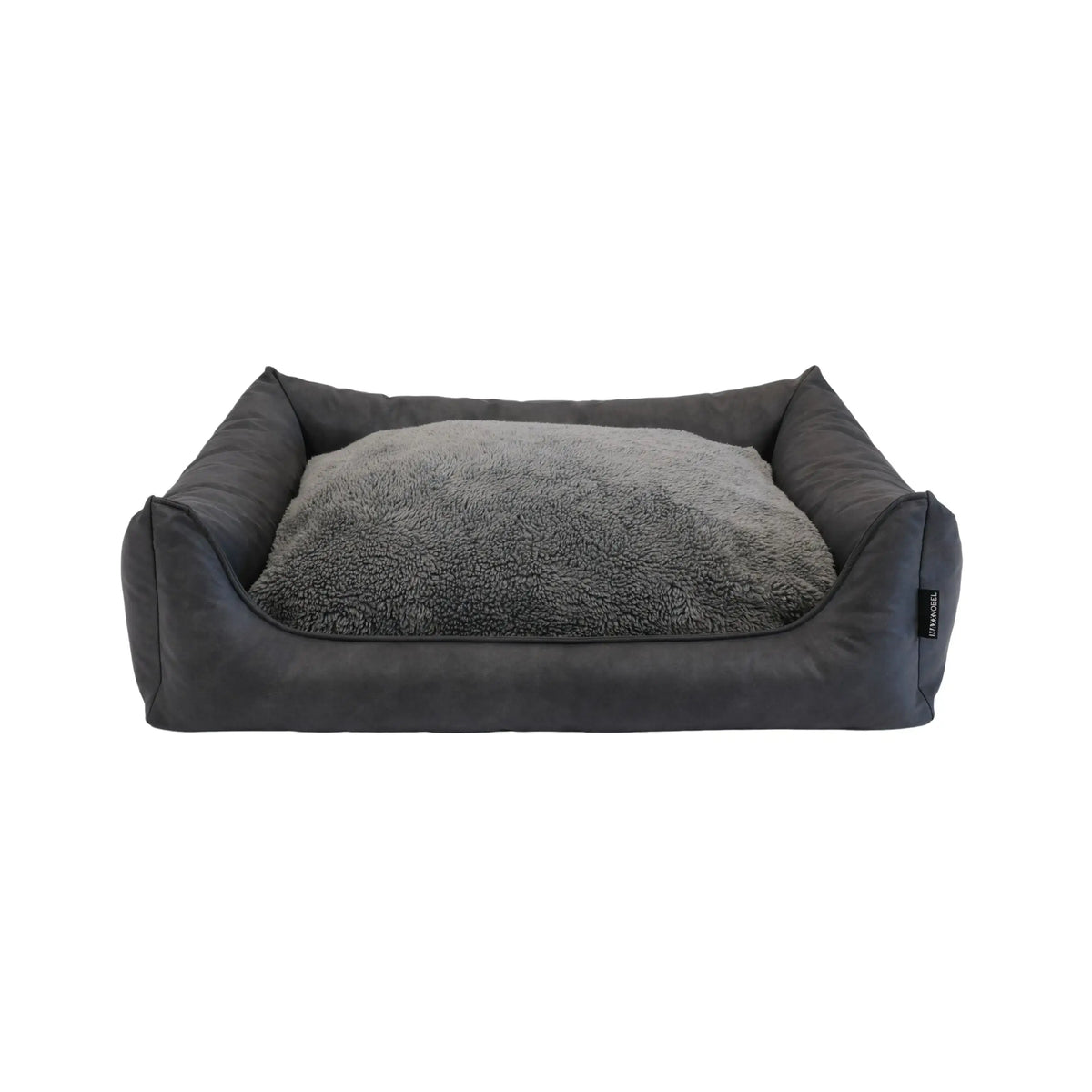 Orthopedische hondenmand lederlook antraciet met donkergrijs pluche en lichtgrijs sherpa interieur