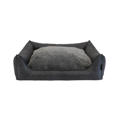 Orthopedische hondenmand lederlook antraciet met donkergrijs pluche en lichtgrijs sherpa interieur