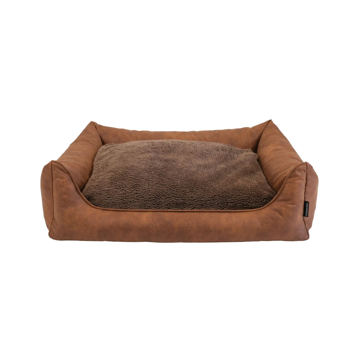 Orthopedische hondenmand in cognac lederlook met een zachte donkerbruine sherpa voering voor extra comfort