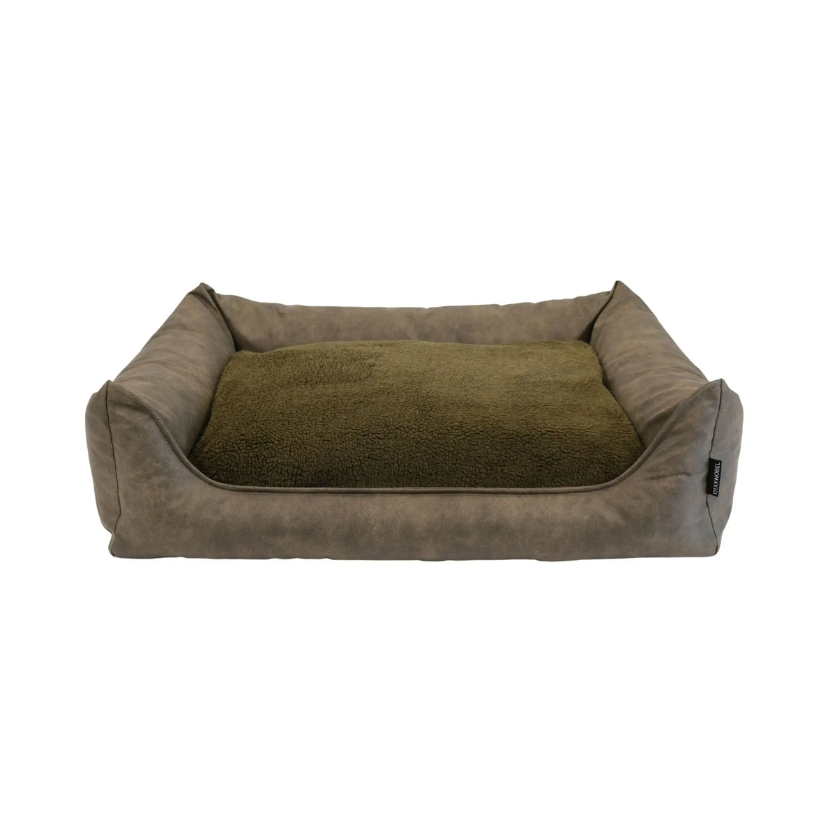 Orthopedische hondenmand in lederlook met een zachte taupe buitenkant en een knusse olijfgroene binnenvoering