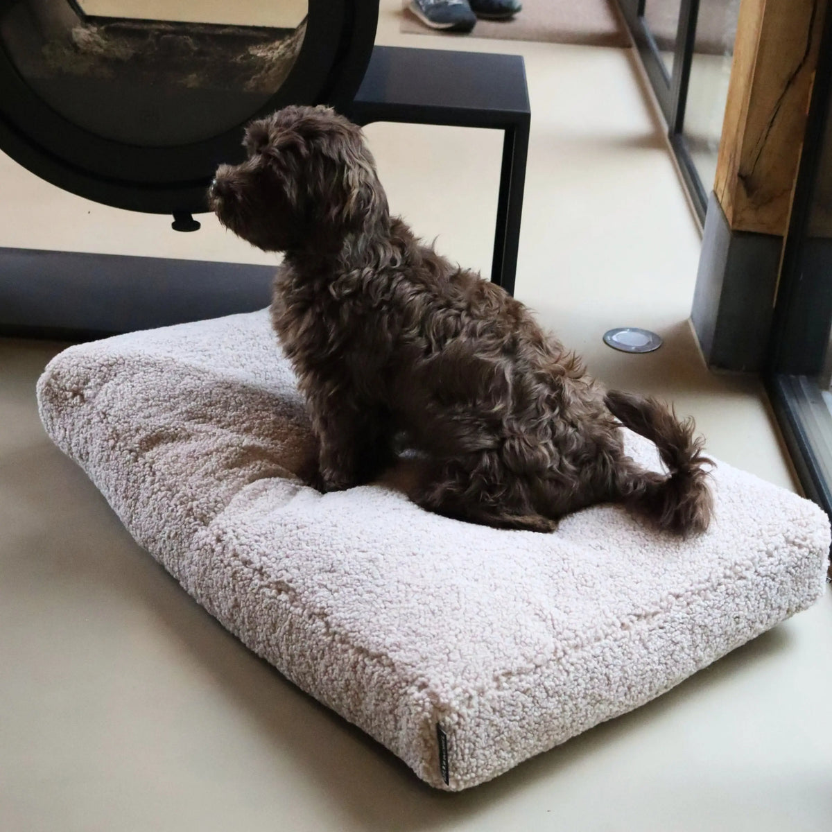 Orthopedisch hondenkussen teddy beige van off white zachte sheepskin met een stevig stiksel en pluizig oppervlak