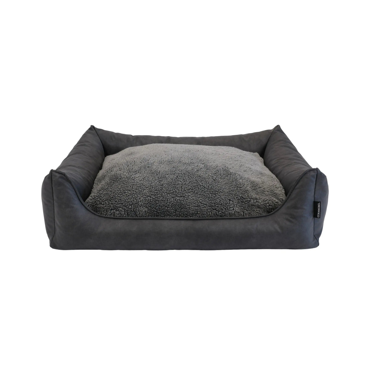 Orthopedische hondenmand lederlook antraciet met donkergrijs pluche en lichtgrijs sherpa interieur