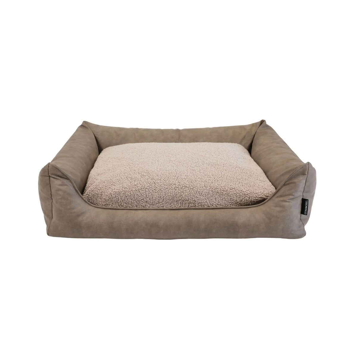 Beige orthopedische hondenmand met zachte sherpa voering en stevig leerlook buitenmateriaal in taupe kleur